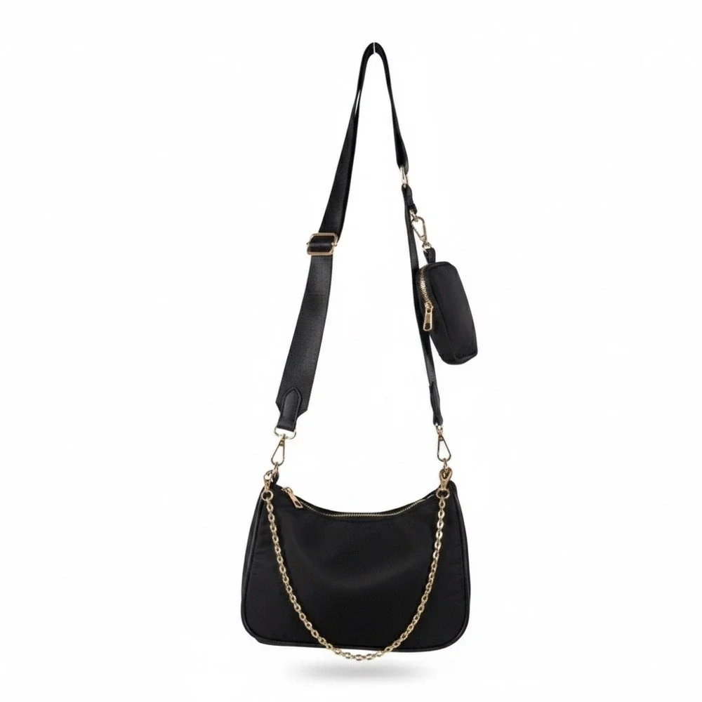 NWT Multi-Pouch Solid Crossbody Bag Black Utility Chain Strap Size OS